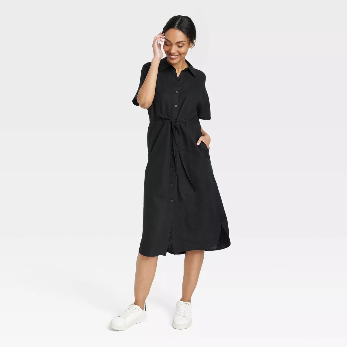 Women's Short Sleeve Linen Midi Shirtdress - A New Day™ Black S | Target