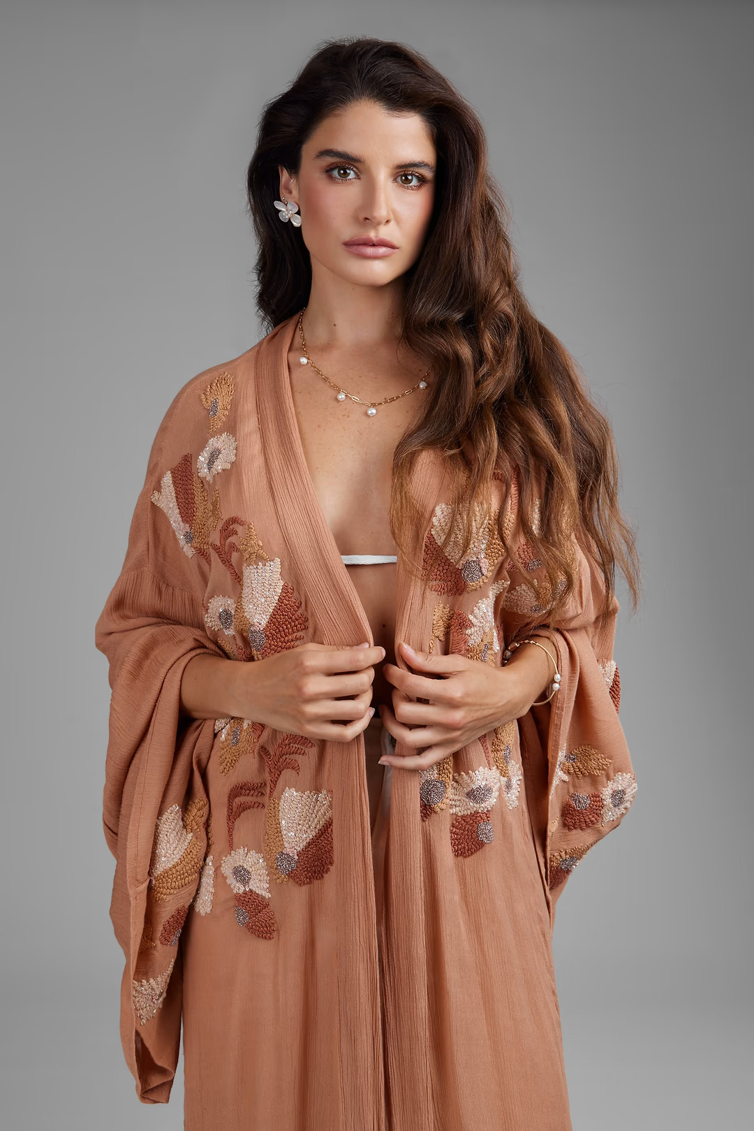 FLORAL EMBELLISHED LONG KIMONO | Saachi