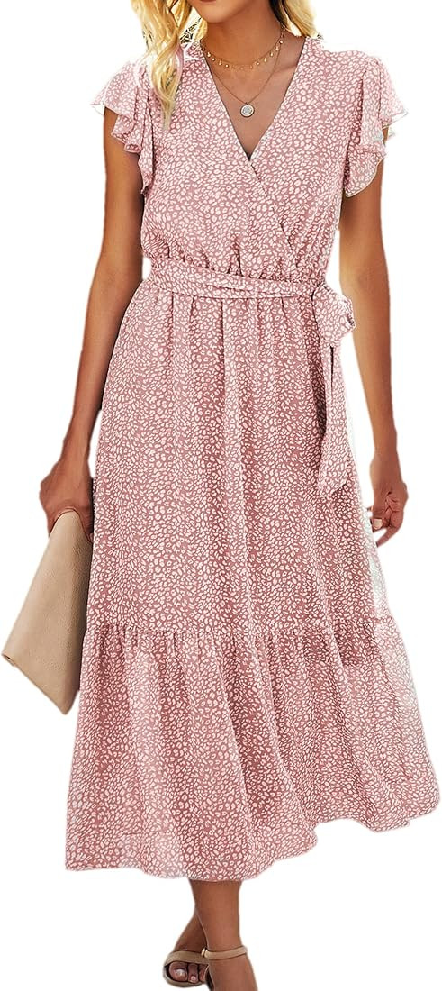 Women’s Dresses Short Sleeve Wrap V Neck Ruffle Floral Printed Midi Dress with Belt | Amazon (US)