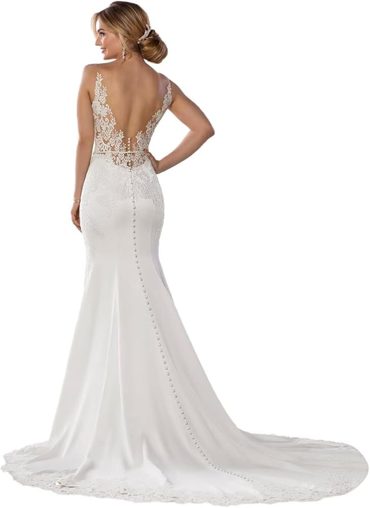 Simple Wedding Dresses for Bride 2026 Beach Boho Mermaid Wedding Gown A-Line Lace Applique Bride ... | Amazon (US)