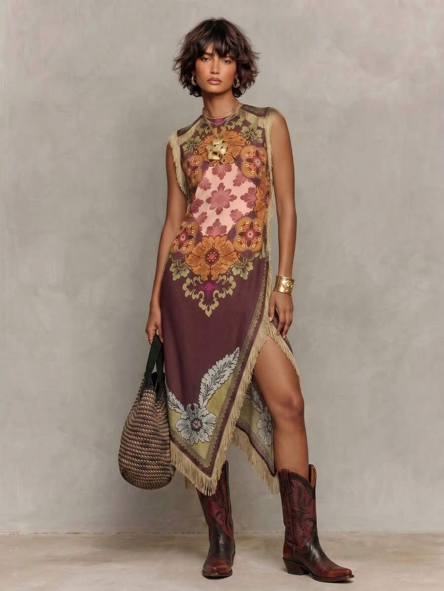 Women's Boho Satin Maxi Tunic Dress With Fringe & Embroidery, Round Neck Sleeveless Asymmetrical Long Dress, Slight Stretch Fabric For Bohemian Style | SHEIN