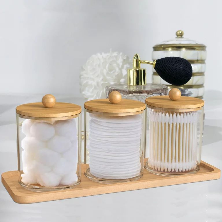 Jetcloudlive love 3Pcs Qtip Holder Dispenser with Bamboo Lids Clear Acrylic Bathroom Jars with Tr... | Walmart (US)