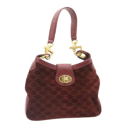 CELINE Shoulder Bag Suede Leather Macadam Canvas Red Auth ar6448 | eBay US