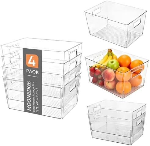 MOONEDGE 4 Pcs Large Clear Plastic Storage Bins, 11"x8"x6" Food-Grade Stackable Containers with H... | Amazon (US)
