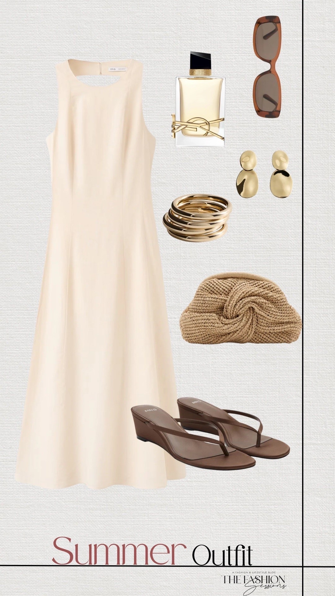 Summer Outfit | Linen Dress | Woven Clutch | Gold Jewelry | Brown Wedge Sandals | YSL Perfume |

#LTKootd #LTKSeasonal