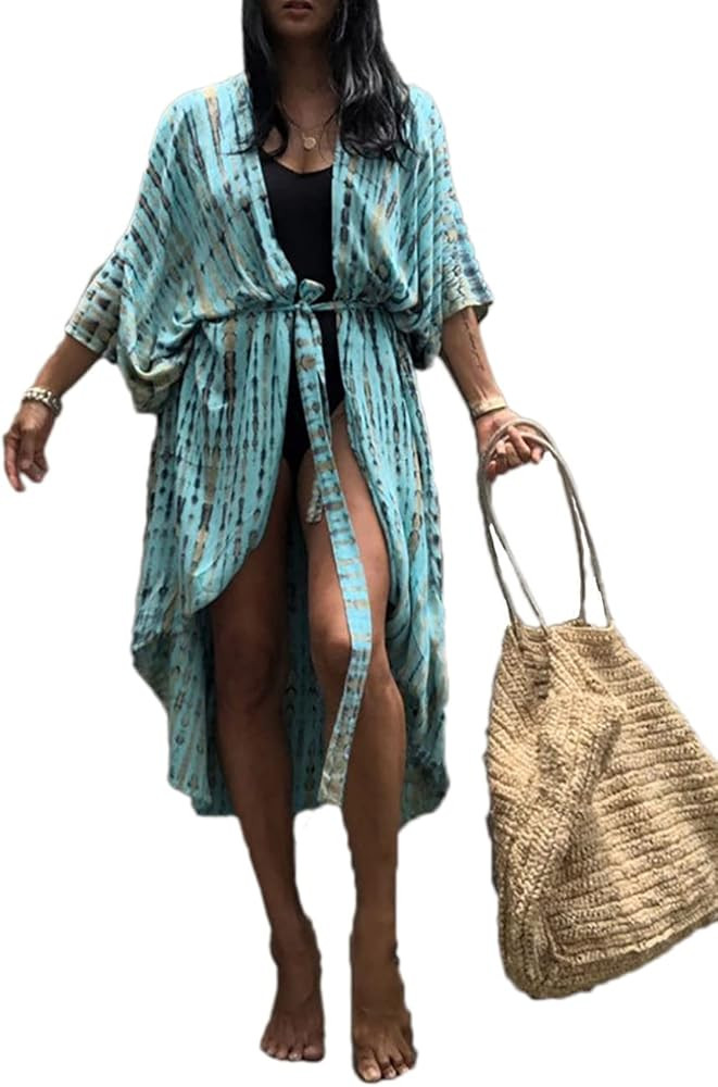 Bsubseach Stylish Tie Dye Open Front Long Kimono Swimsuit Cover up for Women | Amazon (US)