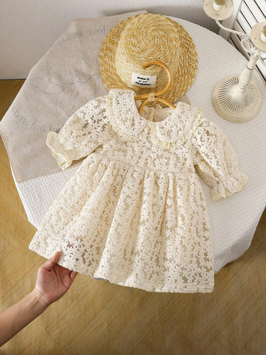 1pc Girls Embroidered Mesh Ruffle Collar Dress, Elegant Formal Short Sleeve Frock For Toddler & L... | SHEIN