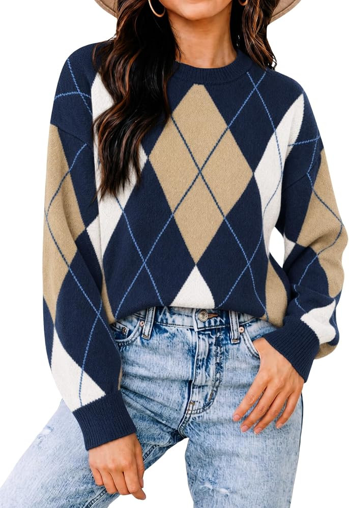 Cicy Bell Sweaters for Women Argyle Plaid Color Block Knit Pullover Tops | Amazon (US)