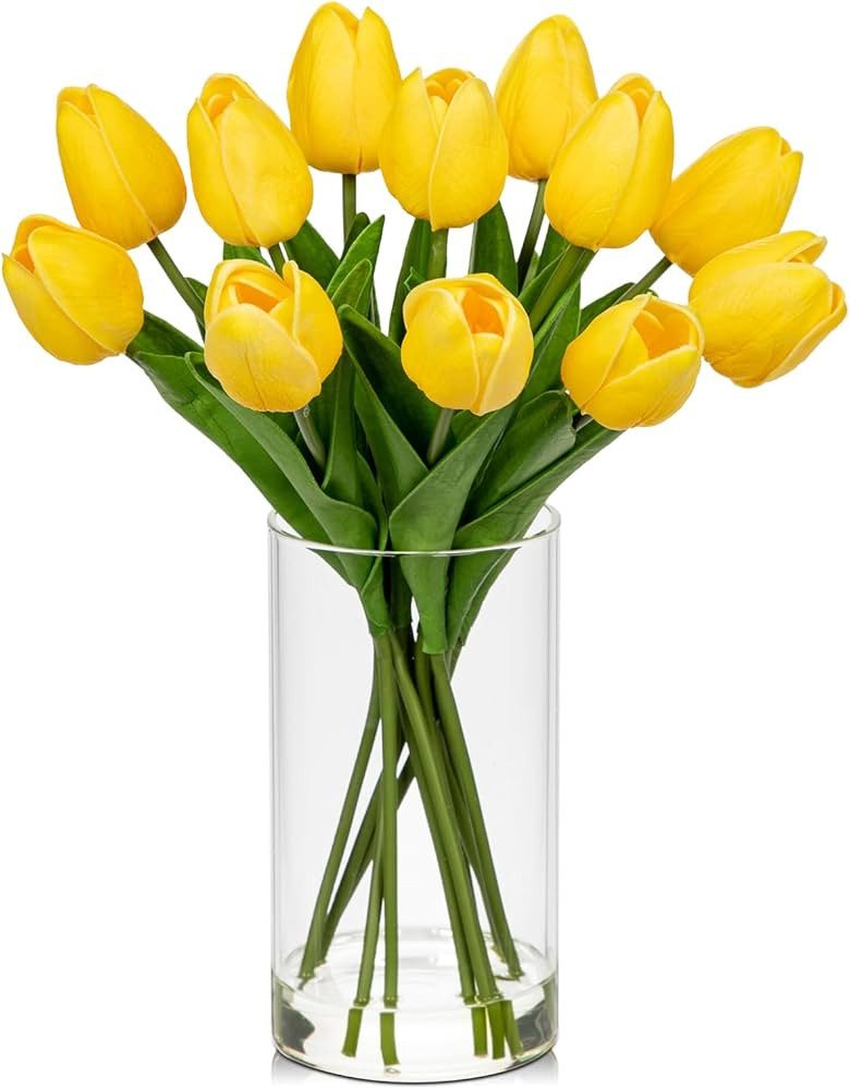 DILATATA 12 Pcs Artificial Real Touch Tulips Flowers in Glass Vase with Faux Water, Tulips Fake A... | Amazon (US)