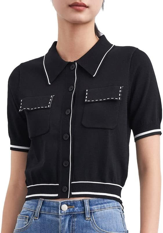 URBAN REVIVO Women's Short Sleeve Button Down Cropped Cardigans Sweater Crew Neck Rib Elegant Kni... | Amazon (US)