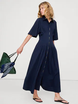 Stretch-Cotton Poplin Pintuck Long-Midi Shirt Dress | Banana Republic (CA)