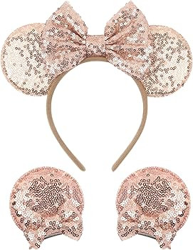 zhezesmila Shiny Mouse Ears Headband and Hair Clips, Glitter Party Princess Decoration with Pink ... | Amazon (US)
