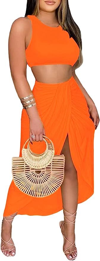 LYANER Women's 2 Piece Outfits Sleeveless Tank Crop Top and Wrap Split Slit Ruched Bodycon Midi S... | Amazon (US)