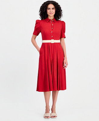 Tahari ASL Women's Short-Sleeve Belted Linen Blend Dress - Macy's | Macy's