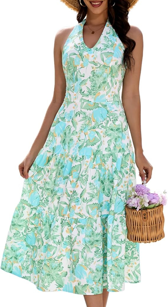 DRESSTELLS Womens Summer Floral Maxi Dress 2026 Casual Halter Spaghetti Strap Tiered Flowy Beach ... | Amazon (US)