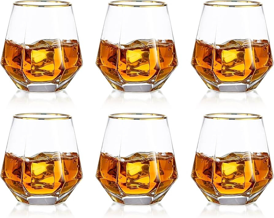 Hanobe Gold Rim Whiskey Glasses Diamond Geometric Tilted Drinking Glasses Set of 6 Stemless Water... | Amazon (US)