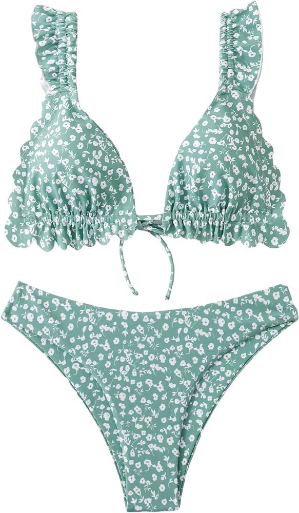 SOLY HUX Women's Ditsy Floral Print Bikini Set Frill Trim Triangle Bathing Suits 2 Piece Swimsuit | Amazon (US)