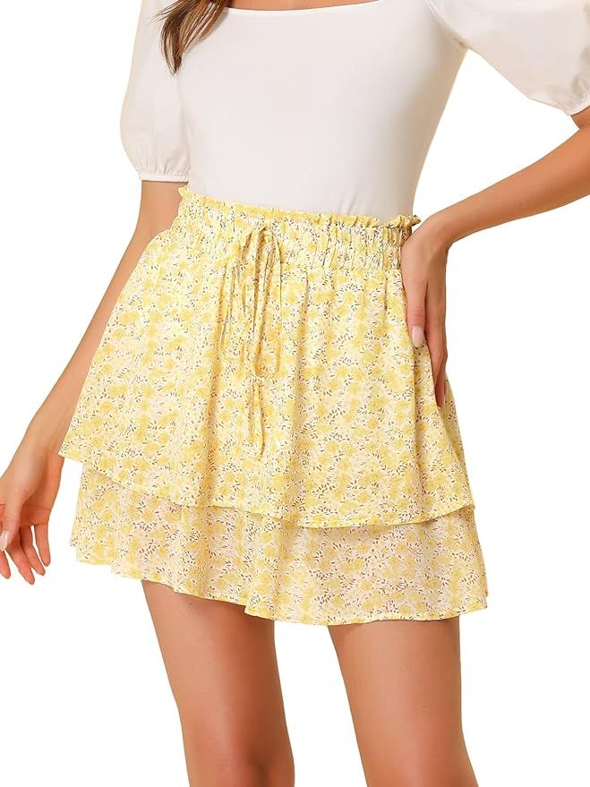 Allegra K 2023 Floral Skirts for Women's Ruffle Hem Layered Chiffon Mini Skirt | Amazon (US)