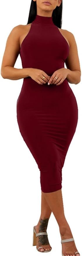 GOBLES Women's Sexy Halter High Neck Elegant Sleeveless Bodycon Midi Club Dress | Amazon (US)