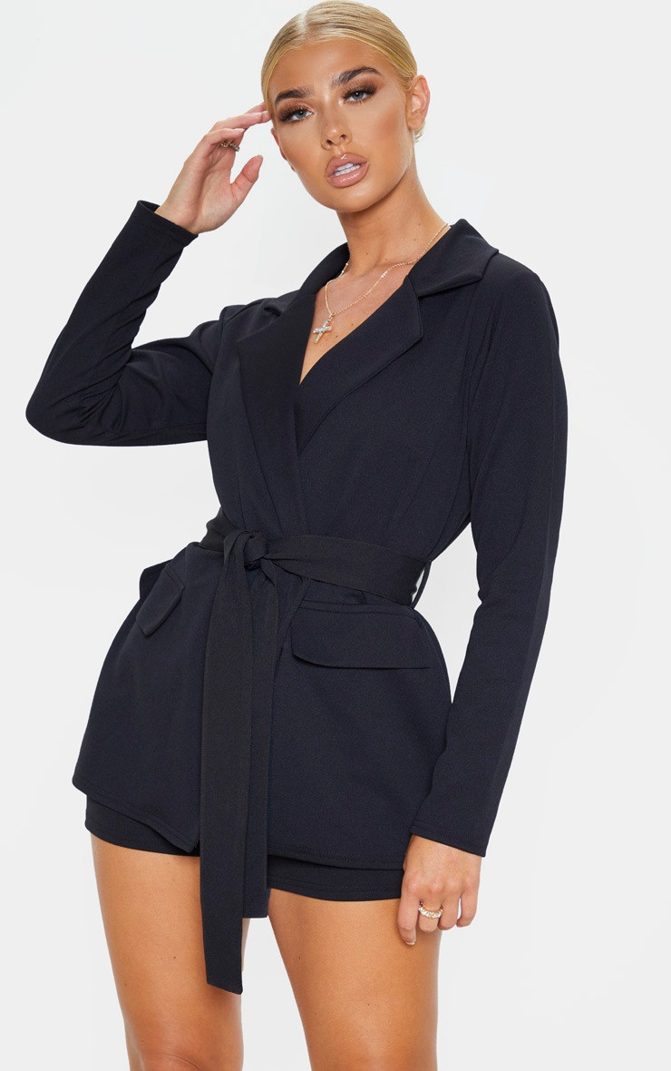 Black Belted Front Pocket Detail Blazer | PrettyLittleThing UK