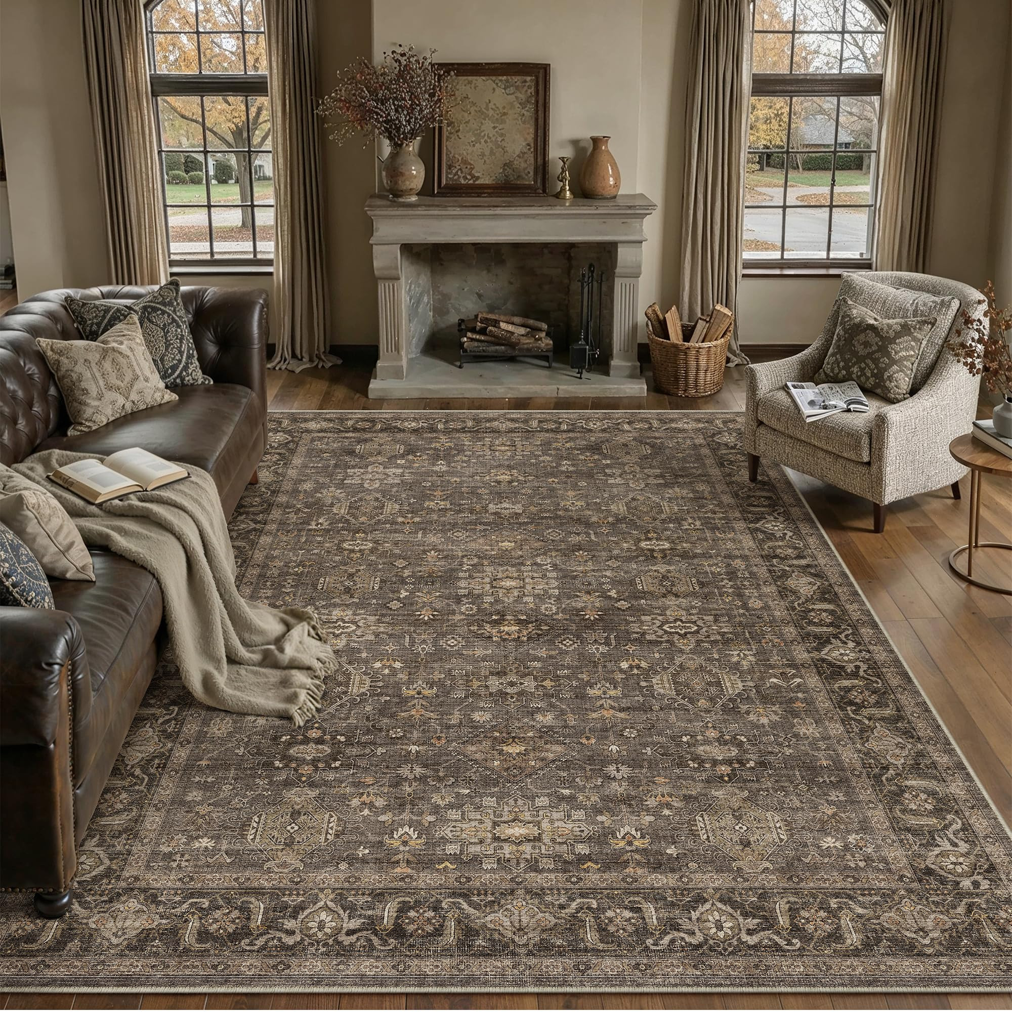 8x10 Washable Area Rug for Living Room Bedroom Vintage Brown Non Slip Carpet Traditional Retro So... | Amazon (US)