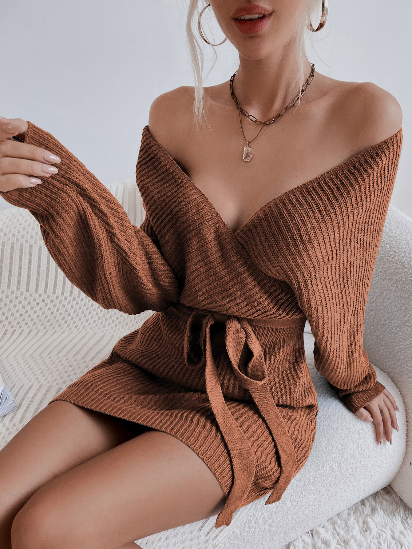Surplice Neck Cut Out Belted Sweater Dress | SHEIN