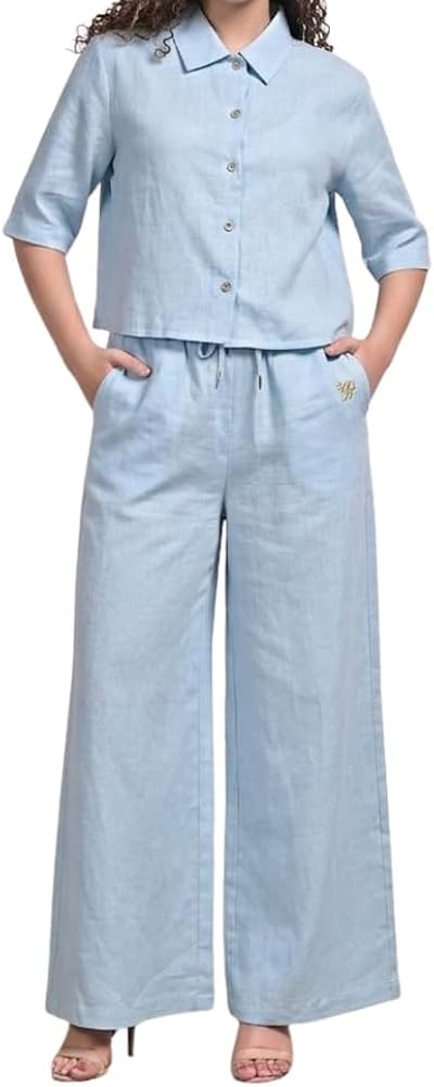 YUSHE 3 Piece Lounge Set for Women | Linen Crop Shirt with Shorts & Pants | Matching Co Ord Set |... | Amazon (US)