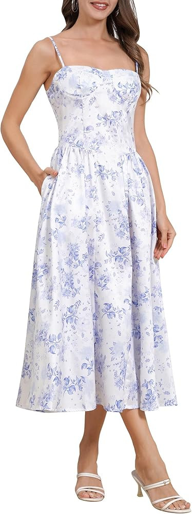 Women’s Corset Dress Sexy Spaghetti Strap Bustier Midi Dress Low Cut Flowy Pleated Hem Formal D... | Amazon (US)