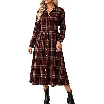 chouyatou Women Long Sleeve Checkered Plaid Lapel Corduroy Shirt Dress | Amazon (US)