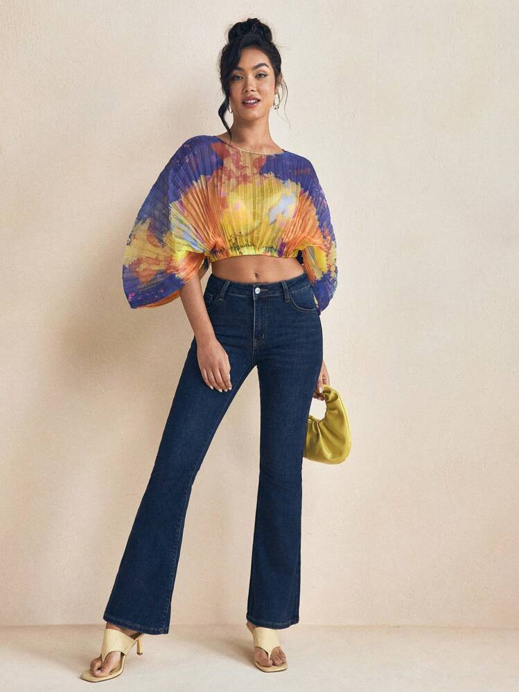 SHAQUITA GARCIA Designer Women's Summer Vacation Printed Sheer Organza Pleated Cropped Tops Women... | SHEIN