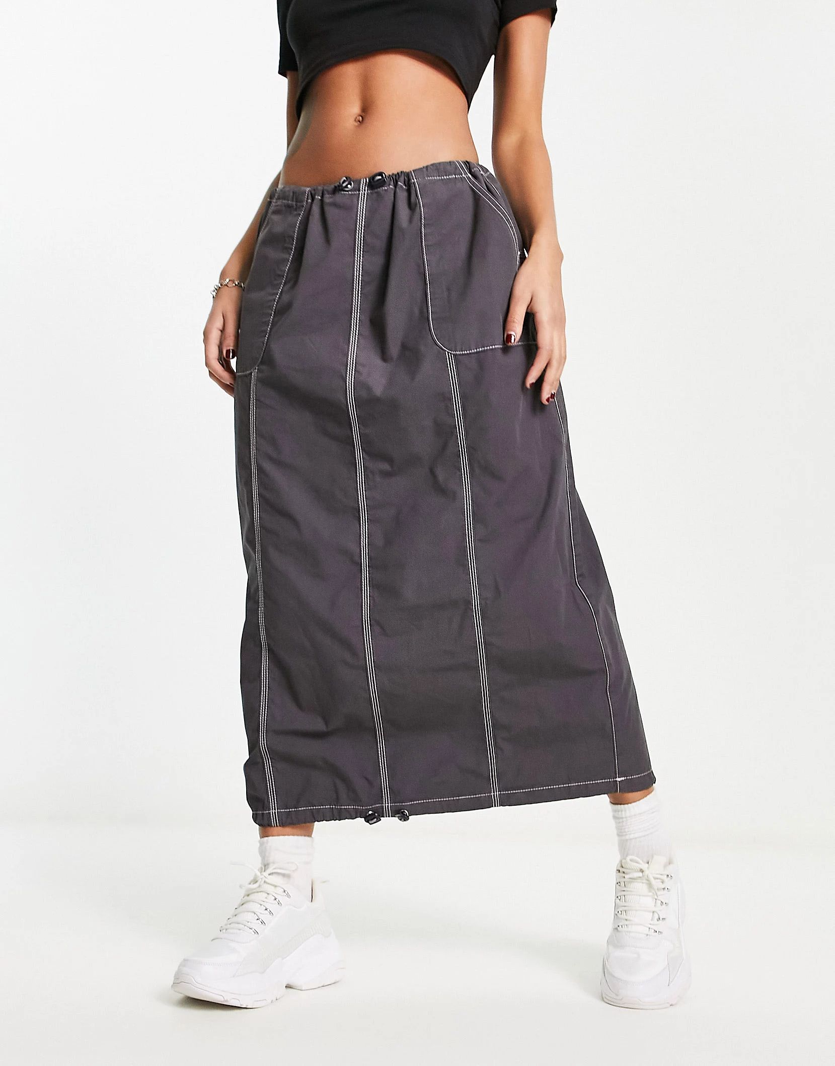 ASOS DESIGN Maxi Parachute Skirt in charcoal with contrast stitch | ASOS (Global)