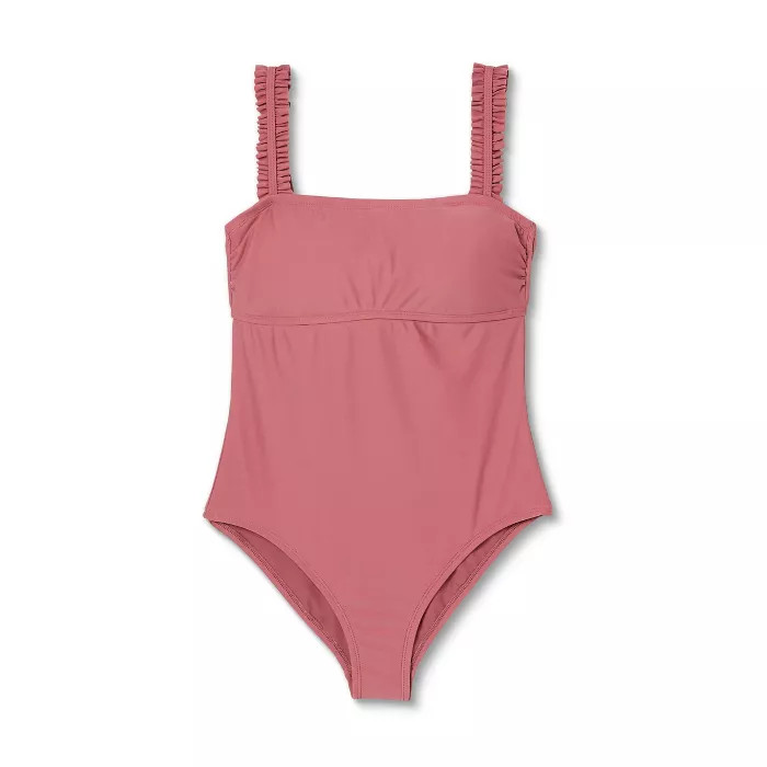 Women's Square Neck Ruffle Shoulder Medium Coverage One Piece Swimsuit - Kona Sol™ Mauvewood | Target