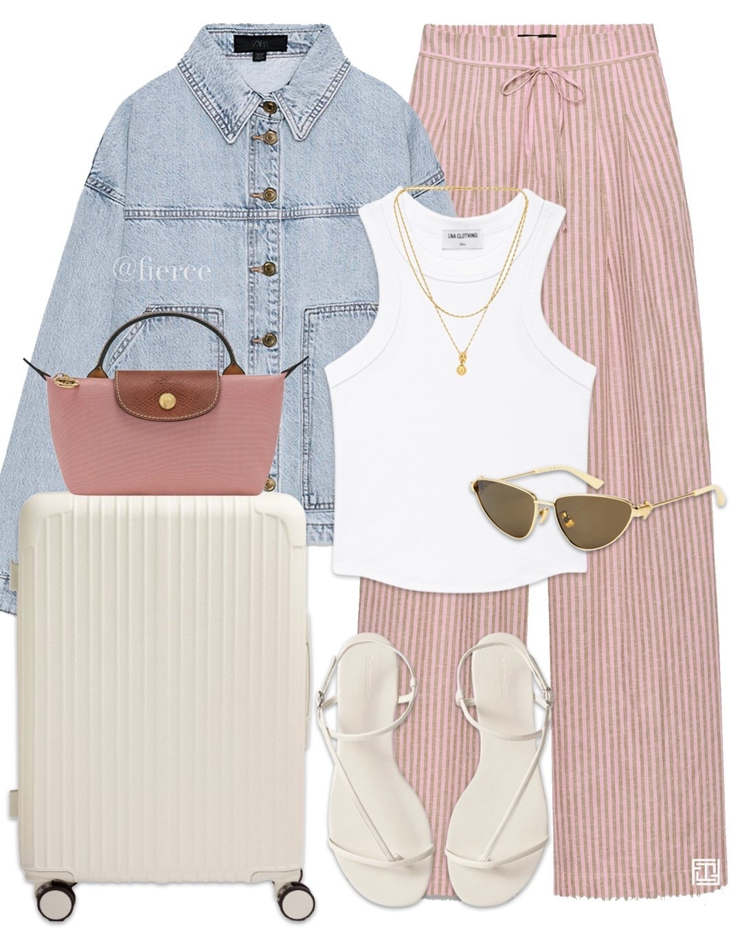 Denim jacket shirt cream cabin luggage pink striped pants pink Longchamp mini pliage bag travel airport outfit

#LTKuk #LTKsummer #LTKtravel
