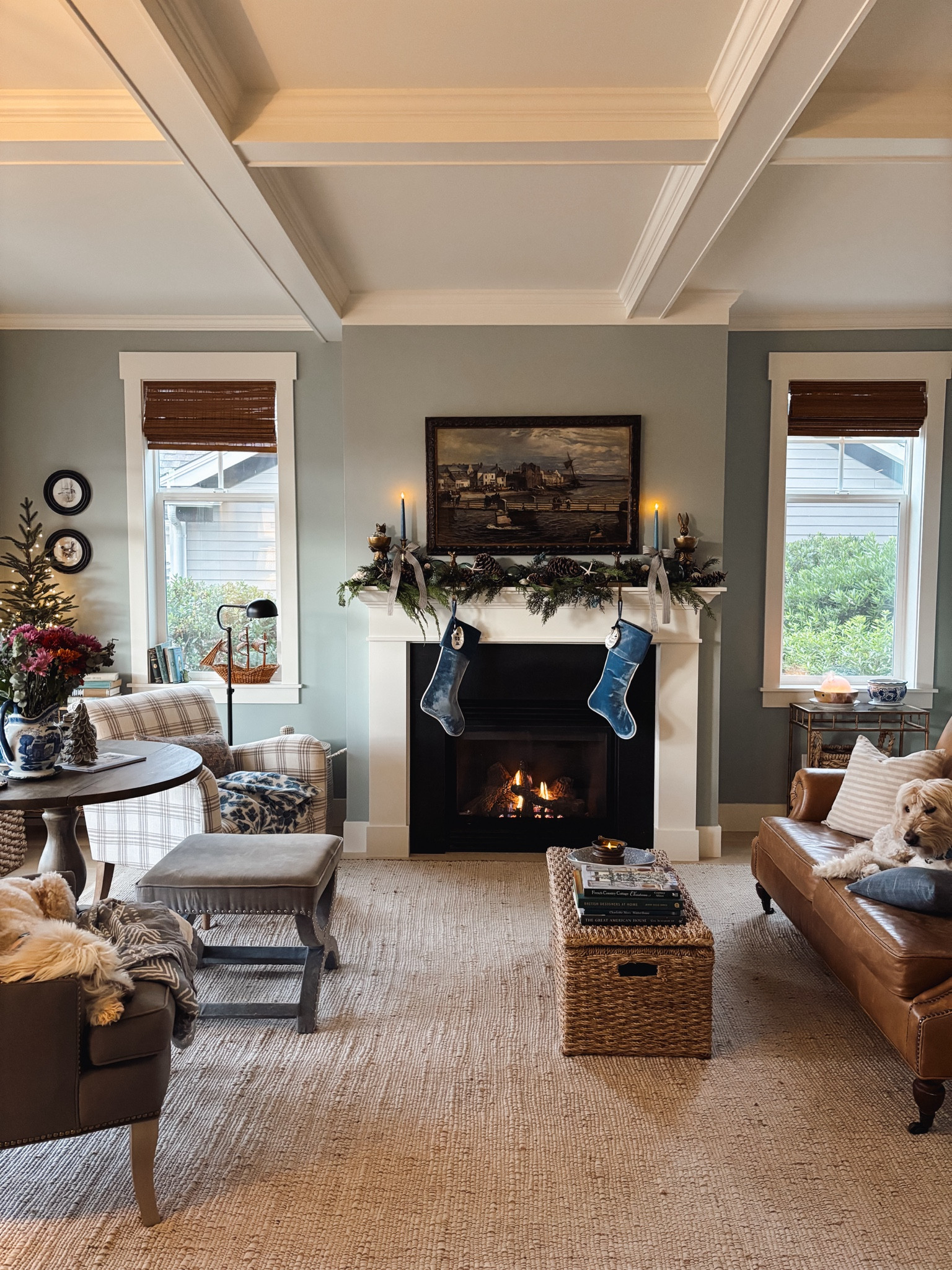 Christmas living room, mantel decor, velvet stockings, jute and cotton rug, armchairs, leather sofa

#LTKHoliday #LTKhome #LTKstyletip