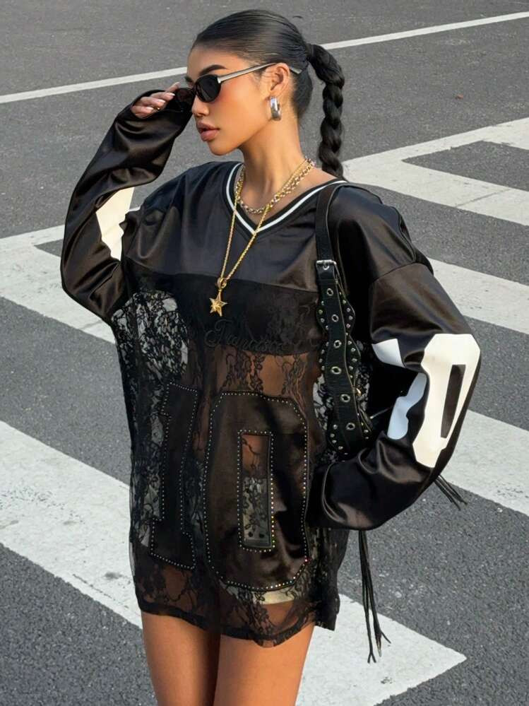 SHEIN EZwear Black Mesh Panel Casual T-Shirt For Women, Simple Chic Design For Everyday Wear | SHEIN