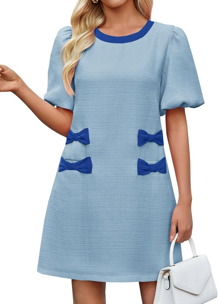 Wenrine Womens Summer Mini Dress Casual Tweed Short Sleeve Bow Work Business Dresses with Pockets | Amazon (US)