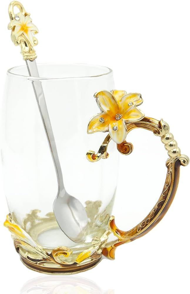 Tea Cup Glass Coffee Mugs Enamel Lily Flower Drinking Cups with Spoon Set Unique Gifts for Birthday Wedding Christmas Mother's Day Gifts for Mom Yellow Lily Tall Mug 12oz | Amazon (US)