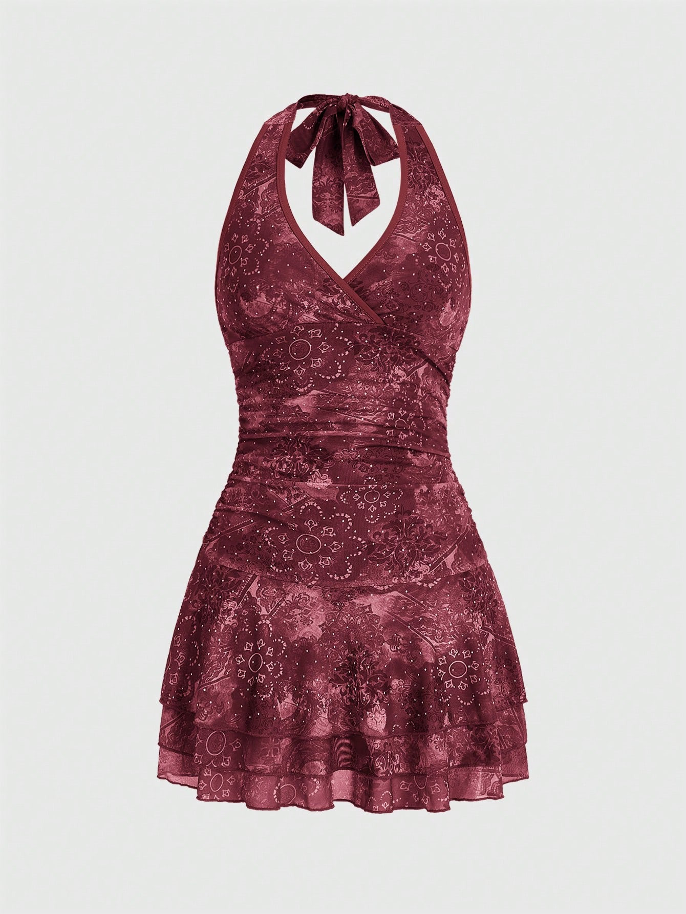 ROMWE Fairycore Women's Vintage Printed Rhinestone Embellished Backless Halter Neck Dress, Summer | SHEIN