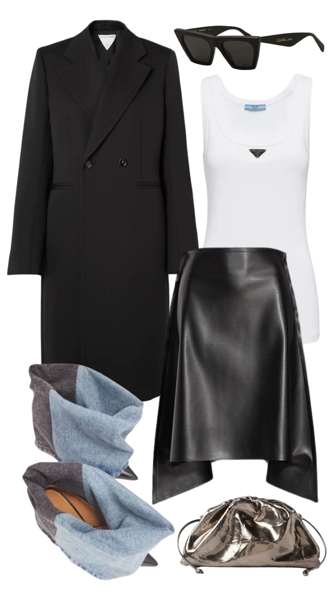 bottega veneta wool coat 
prada logo plaque tank top 
loewe denim leather boots 
mm6 asymmetrical skirt 
bottega veneta metallic pouch 
old celine edge sunglasses 

#LTKstyletip #LTKshoecrush #LTKfit