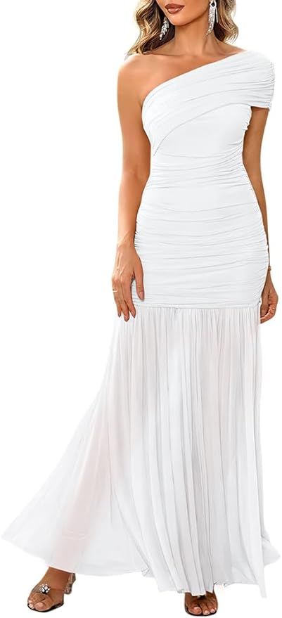 LAGSHIAN Women's Elegant Formal Long Dress One Shoulder Sleeveless Ruched Bodycon Evening Dress | Amazon (US)