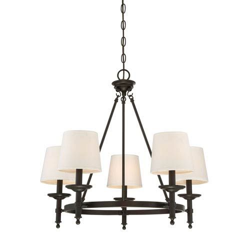 Wellington Rubbed Bronze Five-Light Traditional Chandelier with White Fabric Shade | Bellacor