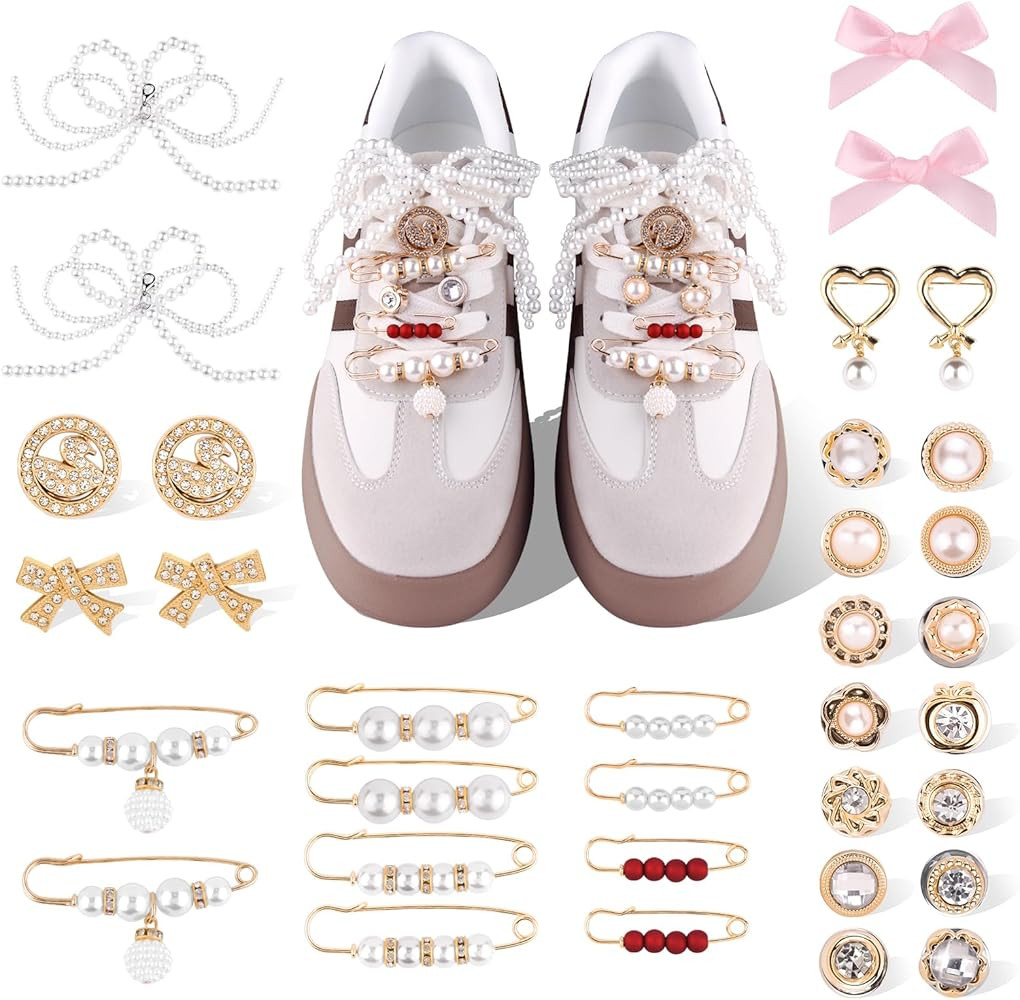 34PCS Shoe Charms for Sneakers - DIY Shoe Lace Charms Contain Bows/Clips/Pins/Jewelry, DIY Girls ... | Amazon (US)