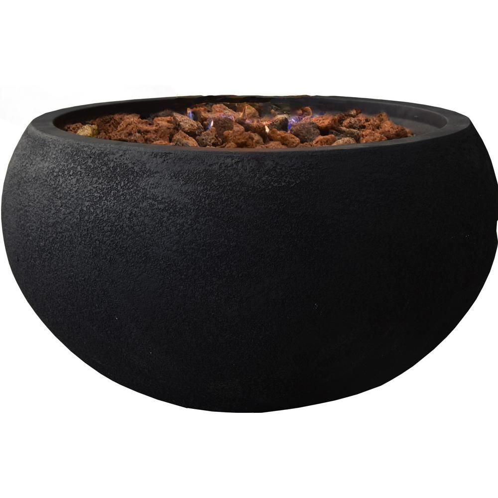 Modeno York 27 in. x 14 in. Round Concrete Natural Gas Fire Pit in Black with Canvas Cover and Lava  | The Home Depot