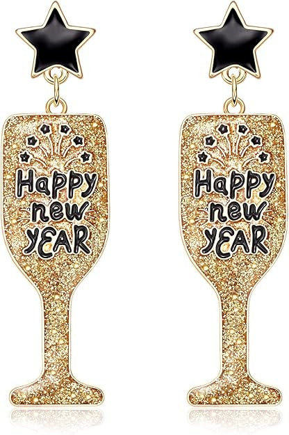 Happy New Year's Eve Champagne Bottle Earrings for Women Glitter Wine Glass Drop Dangle Earrings ... | Amazon (US)