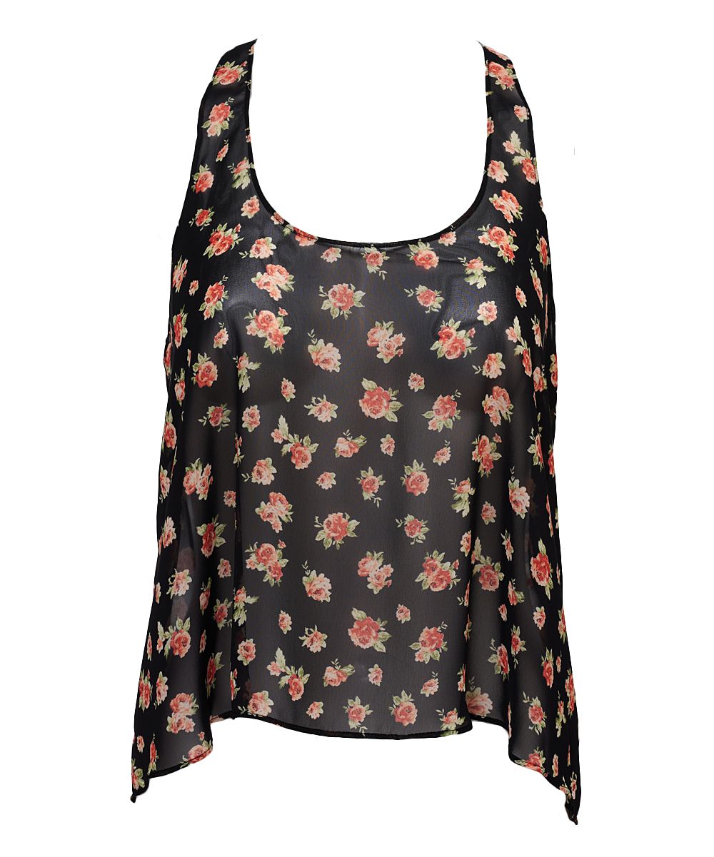 Forever 21 Women's Tank Tops Black - Black Floral Sheer Bow-Detail Racerback Tank - Women | Zulily