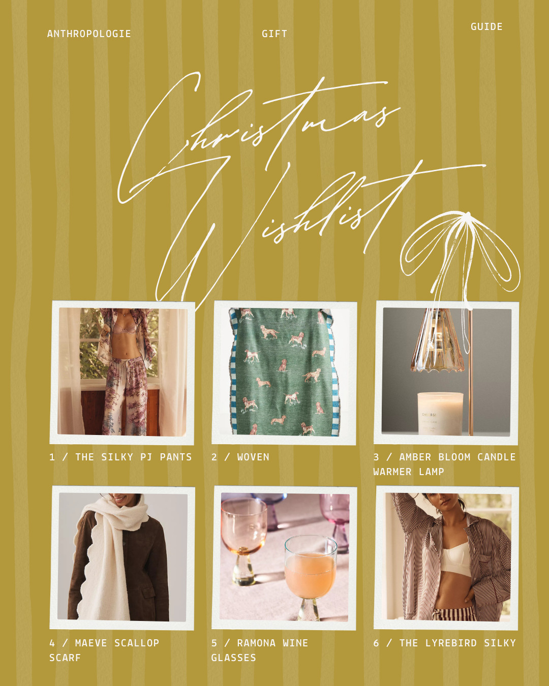 The ultimate cozy gift guide for the Anthropologie lover — soft blankets, luxe candles, chic loungewear, and warm home essentials. These are the gifts everyone wants but never buys for themselves. Perfect for moms, sisters, daughters, besties, apartment girlies, and anyone building their cozy winter sanctuary.

Top Picks:
• Floral Lounge Pants
• Plush Faux-Fur Blanket
• Holiday Milk Glass Mugs
• Snowflake Candles
• Cozy Winter Room Scents
• More Anthropologie home favorites

Shop the full cozy edit below. 🕯️💛
#LTKHoliday #LTKHome #Anthropologie #CozyHomeGifts #GiftGuide2025 

 #LTKGiftGuide #LTKSeasonal #LTKHome