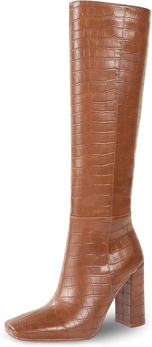 Amazon.com: ISNOM Black Knee High Boots Women Boots for Womens Knee High Crocodile Women's Knee-H... | Amazon (US)