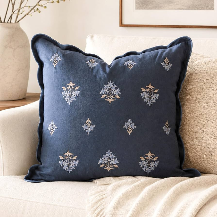BlissBlush Throw Pillow Cover 20x20, Navy Blue Velvet Decorative Pillow Cover, Floral Accent Cush... | Amazon (US)
