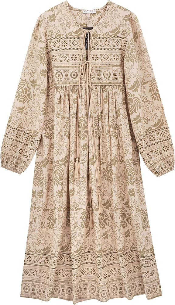 R.Vivimos Women's Long Sleeve Floral Print Retro V Neck Tassel Bohemian Midi Dresses | Amazon (US)