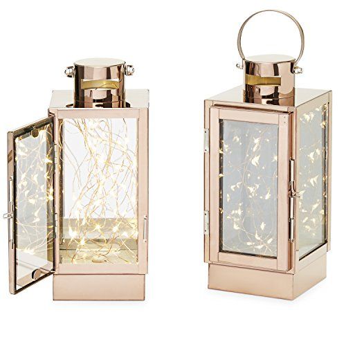 Set of 2 Mirabella Rose Gold Lantern with 30 Sparkling LEDs on Copper Wire,Timer Options, Batteries  | Amazon (US)